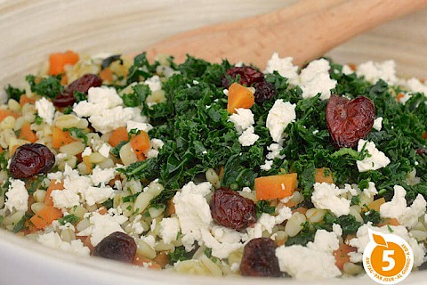 Insalata invernale con grano ebly, cavolo riccio, zucca, mirtillo rosso e feta